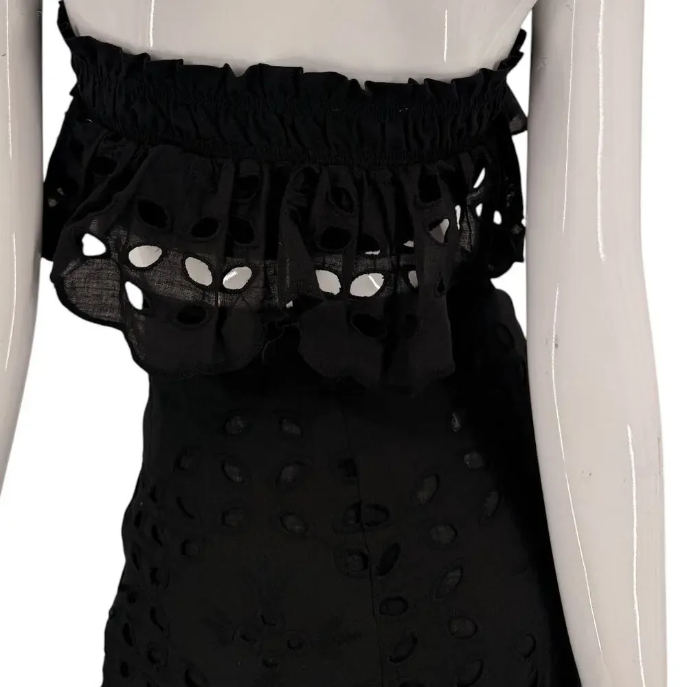 Luxxel Palm Chains Eyelet Embroidered Two Piece Maxi Skirt Set Black Women's S